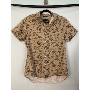 Betabrand Men Sasquatch Apex Predator Graphic Print Button Up Shirt Tan Medium